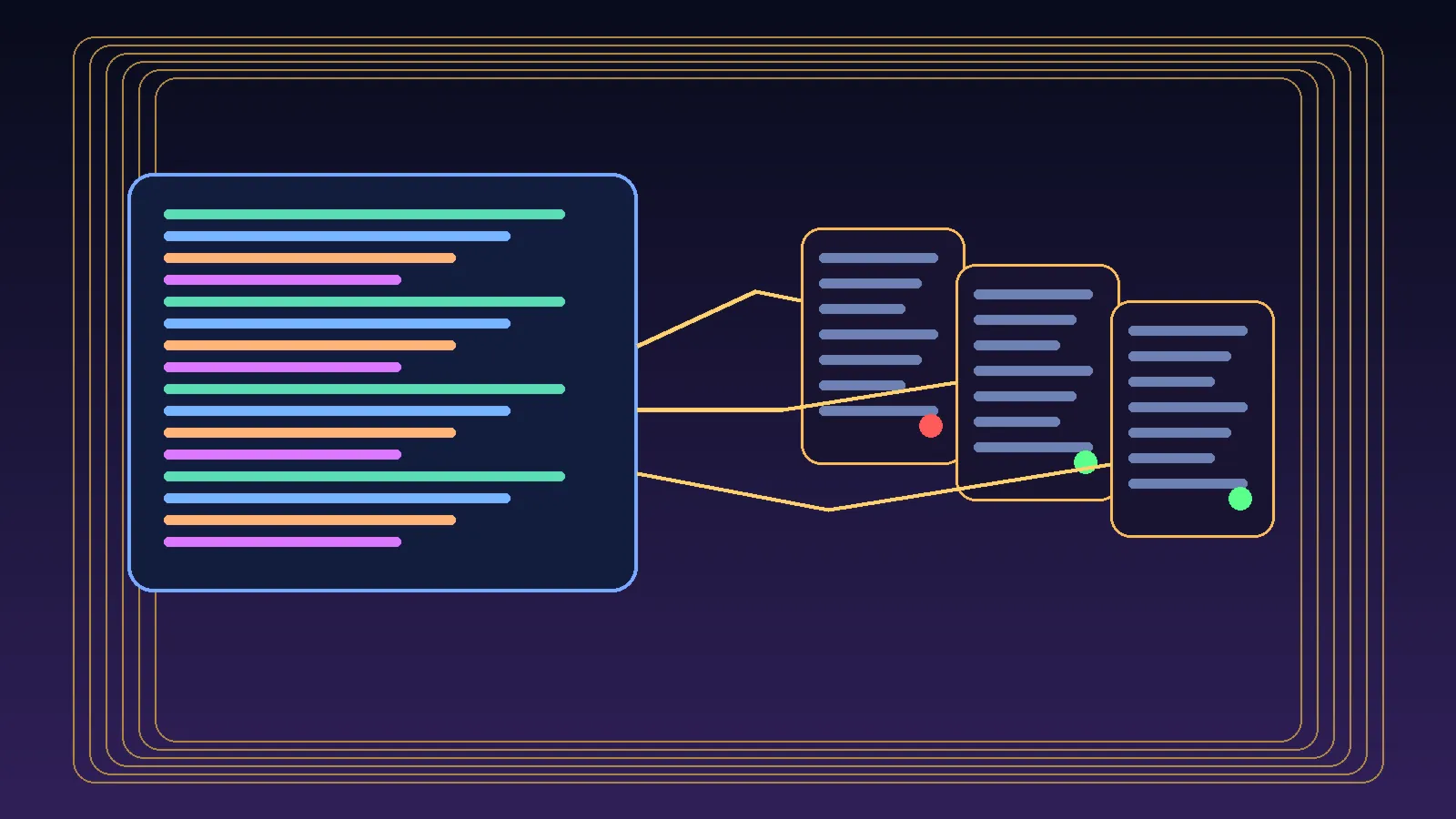 A cosmic control room where a clean repository glows on one console while production servers across the chamber reveal stale bundles and conflicting realities.