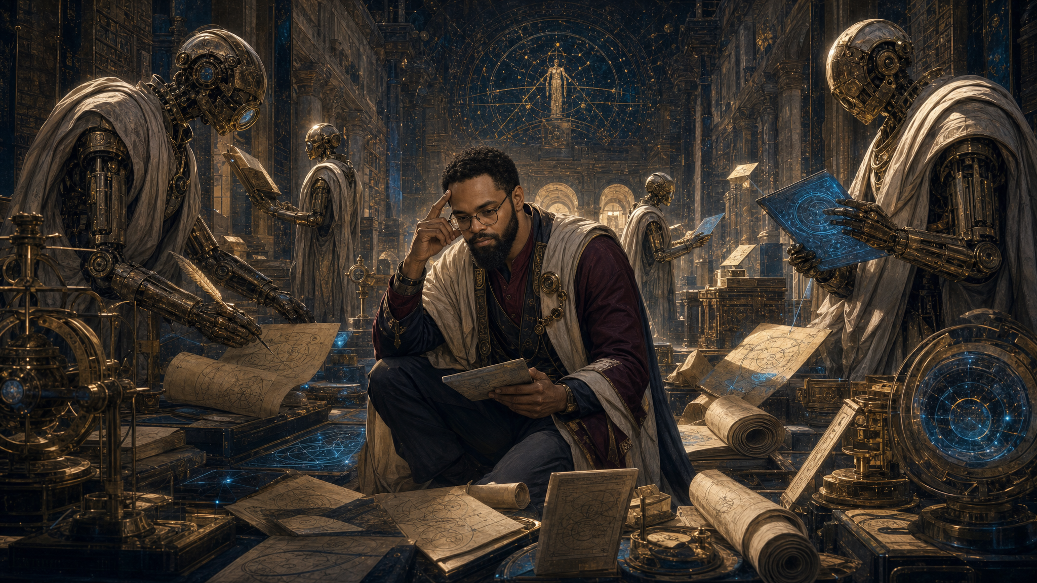 Henry as the central founder-scholar inside a Foundation Vault archive, surrounded by mechanical scribes retrieving memory artifacts and proof receipts.