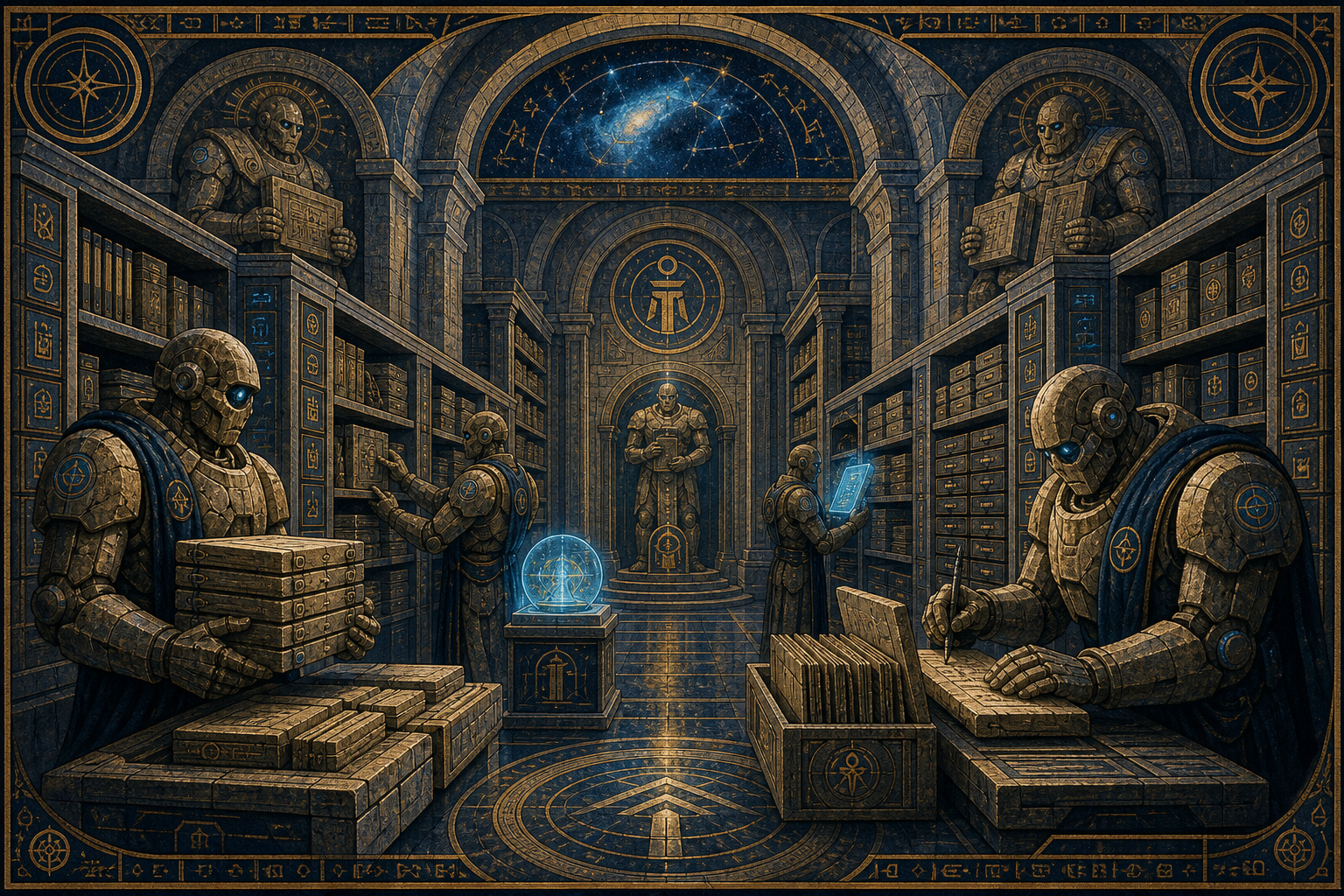 Vault golems and mechanical scribes organizing durable files, plans, source packs, artifacts, and proof receipts inside a shared archive.