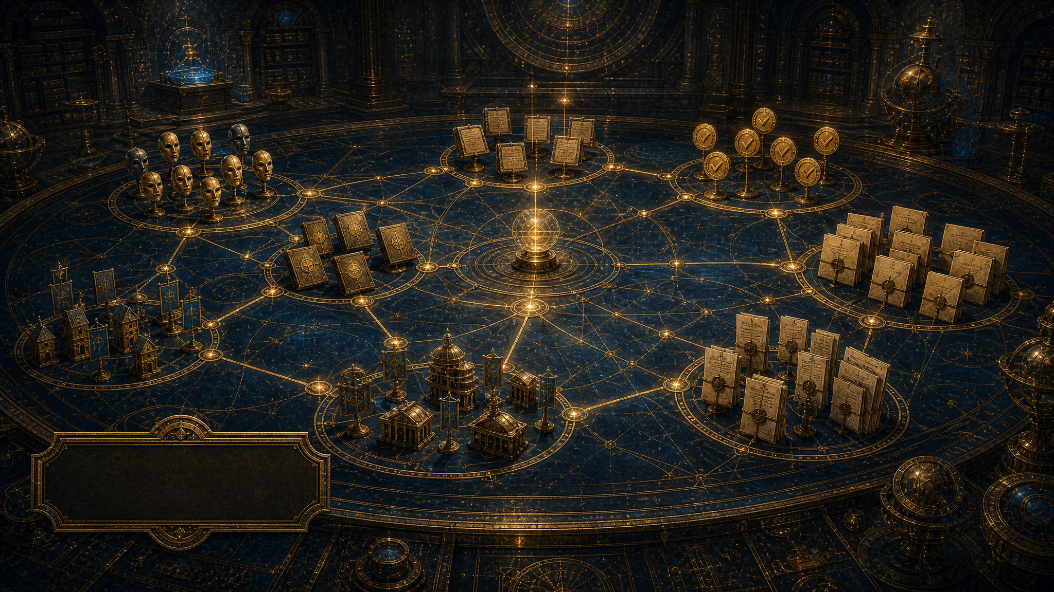 Glowing agent masks, sigils, and graph lines connect agents, tasks, decisions, files, customers, projects, and proof artifacts.