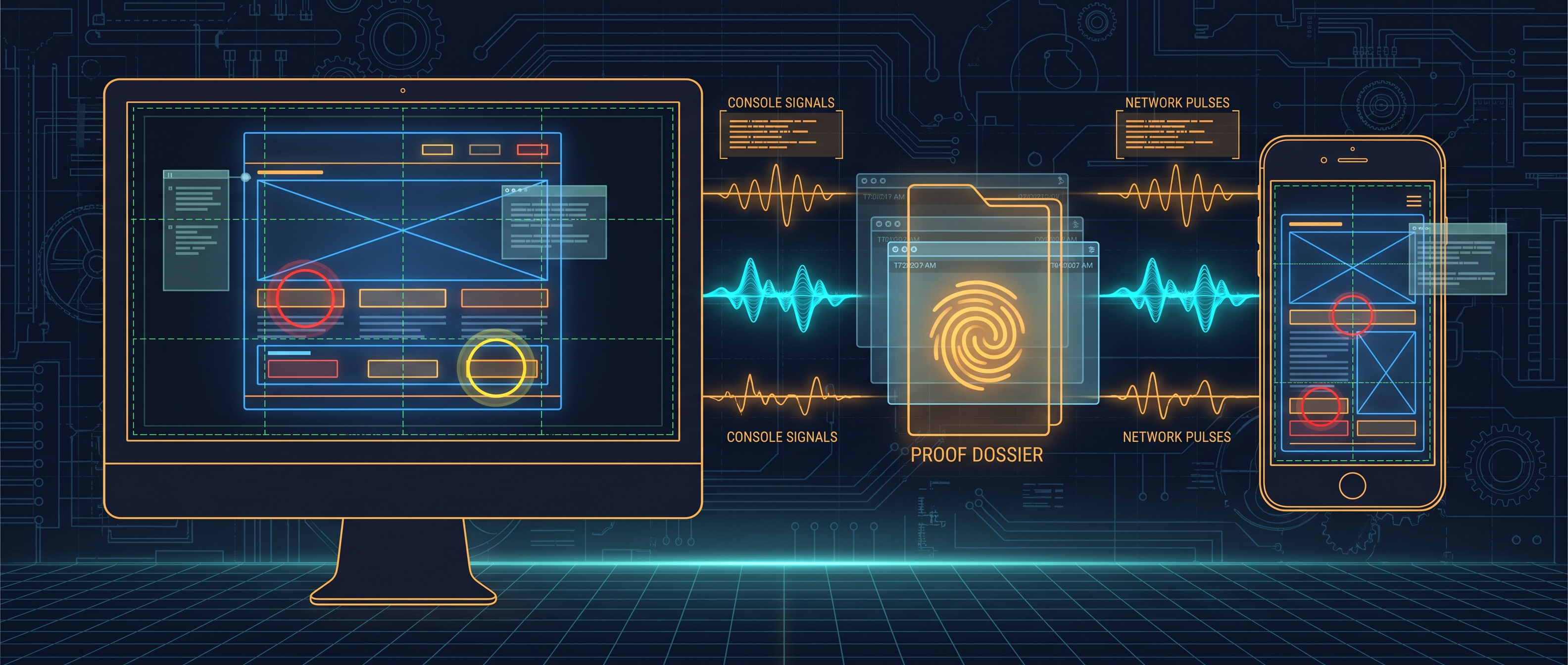 Desktop and mobile product surfaces feed console, network, interaction, and build evidence into a proof dossier