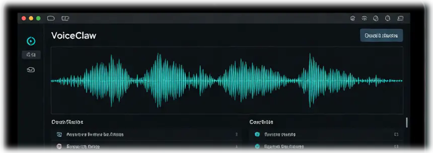 The VoiceClaw Mac companion showing a long captured waveform above a two-column list of ongoing work.