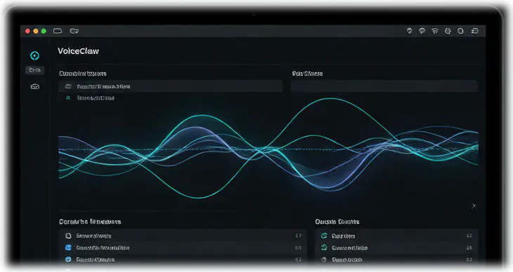 VoiceClaw on a MacBook: a live routing view with layered cyan and indigo waveforms above two panels of session detail.